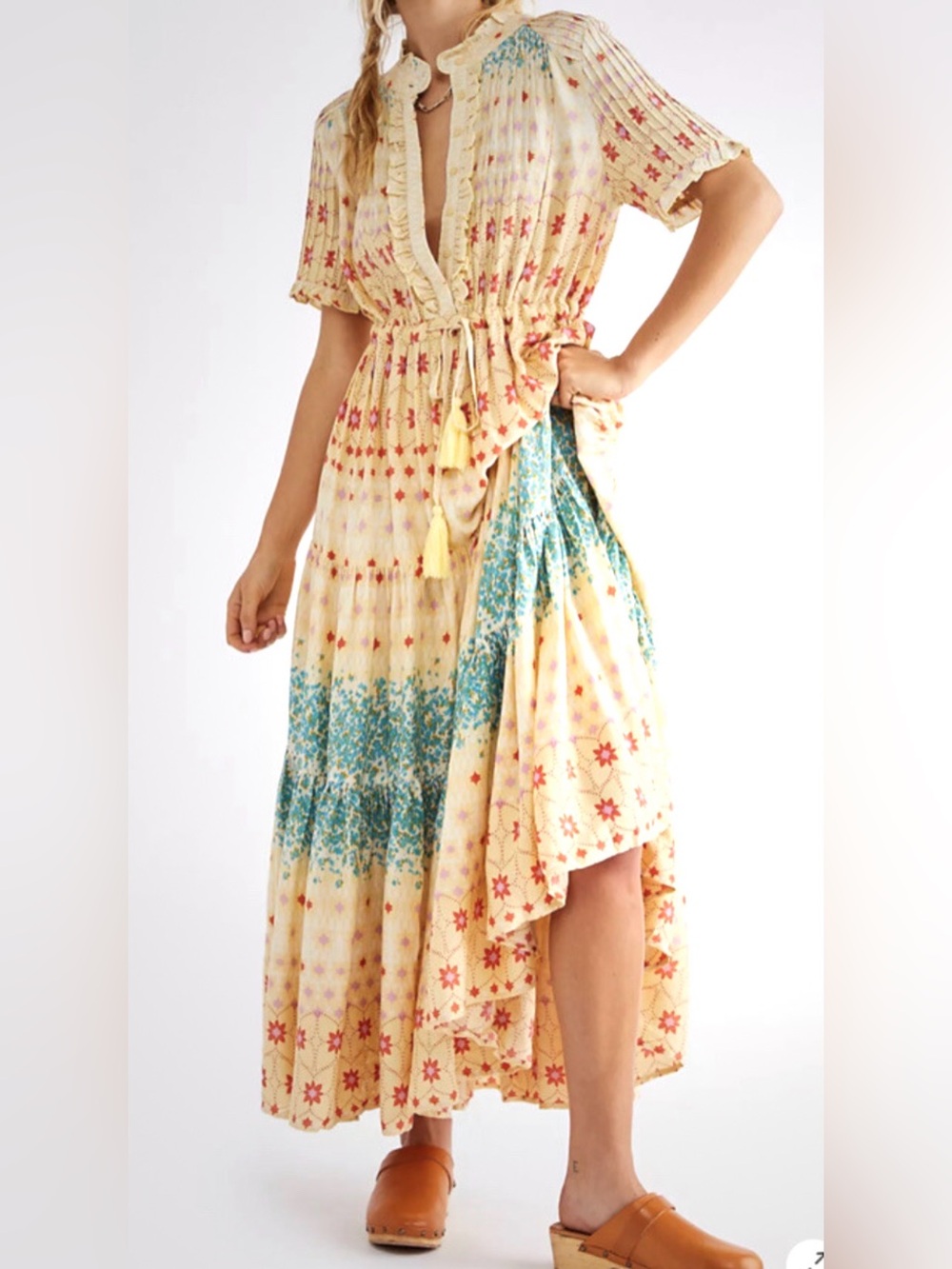 Free People Rare Feeling Maxi Dress Cloud Combo NWT Large Boho Tiered Pintuck DU